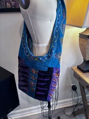 NWOT Rising Handcrafted Blue and Purple Embroidered Shoulder Bag